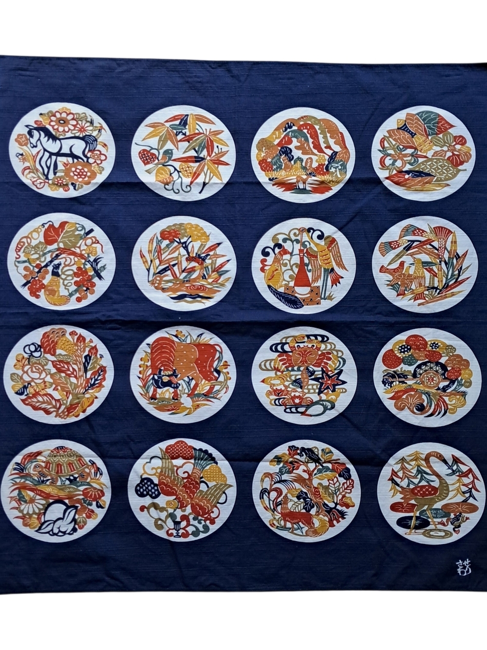 Vintage Japanese Furoshiki Wrapping Cloth Edo-zome 100% Cotton Animal Motifs 35"
